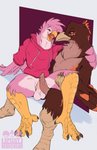 anthro avian avian_feet balls beak bird bird_legs bottomless brown_body brown_feathers cerise_(delrar) clothed clothing duo feathers frottage genitals hi_res hoodie male male/male non-mammal_balls nude open_mouth partially_clothed penile penis pink_body pink_feathers sex speccychicken tail tail_feathers tapering_penis topwear