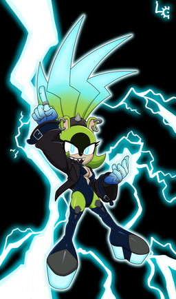 accessory belt_accessory blue_eyes boots clothed clothing ear_piercing electricity female footwear glowing glowing_eyes green_body hair hair_accessory jacket leather leather_clothing leather_jacket leather_topwear legwear leotard lightning lightning_bolt long_boots open_clothing open_topwear piercing platform_footwear quill_hair ring shark_teeth shoes solo spikes spiky_hair thigh_boots thigh_highs topwear fuzzycogs idw_publishing sega sonic_the_hedgehog_(comics) sonic_the_hedgehog_(idw) sonic_the_hedgehog_(series) livewire_(dc) surge_the_tenrec afrosoricid mammal tenrec absurd_res hi_res