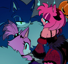 alternate_costume anthro blue_body blue_fluff blue_fur blue_inner_ear clothed clothed_anthro clothed_female clothing costume countershade_face countershading dress eyelashes fangs female female_anthro food frilly frilly_clothing frilly_dress fruit fully_clothed fully_clothed_anthro fully_clothed_female fur green_eyes group halloween_costume holidays iris jack-o'-lantern male pink_quills plant pumpkin pupils purple_body purple_fur quill_hair quills_(anatomy) red_eyes size_difference small_nose snout tan_mouth teeth trio vampire_costume quavernsfw halloween sega sonic_the_hedgehog_(series) sonic_unleashed amy_rose blaze_the_cat sonic_the_hedgehog sonic_the_werehog domestic_cat eulipotyphlan felid feline felis hedgehog mammal vampire werecreature wereeulipotyphlan werehog hi_res