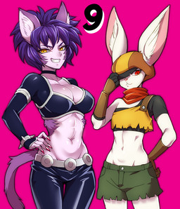 adjusting_clothes adjusting_headwear animal_ears animal_nose anthro belt body_fur bottomwear breasts cat_tail choker cleavage clothed clothing colored_nails cuff_(restraint) duo ears_through_headwear female fur gloves grin hair hand_on_hip hand_on_own_hip handwear hat headgear headwear hotpants jewelry long_sleeves looking_at_viewer midriff nails navel necklace one_eye_obstructed pants purple_body purple_fur purple_hair rabbit_ears red_eyes red_hair red_nails red_scarf restraints scarf shorts simple_background smile standing tail teeth thigh_gap white_body white_fur wrist_cuffs yellow_eyes teba_motoko dragon_ball dragon_ball_super hop_(dragon_ball) sorrel_(dragon_ball_super) animal_humanoid cat_humanoid felid felid_humanoid feline feline_humanoid humanoid lagomorph leporid mammal mammal_humanoid rabbit