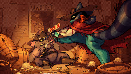 4_fingers anthro blue_body blue_fur bottomwear breasts clothed clothed_anthro clothed_female clothed_male clothing denim denim_bottomwear denim_clothing duo female fingers fur grey_body grey_fur gun handgun humanoid_hands jeans knife looking_at_another male pants poncho ranged_weapon revolver sitting teeth wanted_poster weapon squiderdoodle cazadora_(rentonreverb) mammal murid murine procyonid raccoon rat rodent 16:9 hi_res widescreen