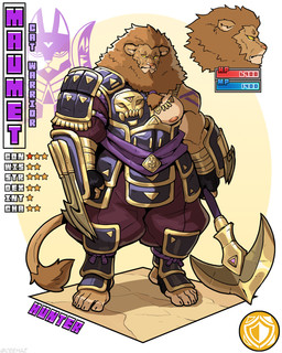 5_toes anthro arm_tattoo armor bottomwear brown_eyes claws clothed clothing cuirass faulds feet finger_claws fingerless_gloves fingers fist fur gameplay_mechanics gloves greaves gui hair handwear health_bar humanoid_feet jewelry male mana_bar mane muscular muscular_male necklace nipples oversized_bottomwear oversized_clothing oversized_pants pants pauldron pecs pickaxe plantigrade shoulder_tattoo sode solo standing stats stirrup_footwear tail tail_tuft tan_body tan_fur tattoo text tied_hair toe_claws toes tuft wrist_blade yellow_sclera ceehaz dog_knight_rpg felid lion mammal pantherine 2026 4:5 absurd_res english_text hi_res signature