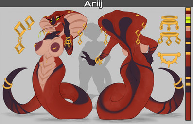 5_fingers apode areola big_breasts breasts female fingers front_view green_eyes legless nipple_piercing nipples piercing rear_view red_body red_tail serpentine smile snake_hood solo tail tongue conditional_dnp scappo ariij_(scappo) draconcopode naga reptile scalie snake 2025 digital_drawing_(artwork) digital_media_(artwork) hi_res model_sheet