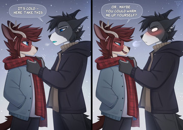 anthro black_hair blue_eyes blush clothed clothing duo green_tongue hair male male/male multicolored_body pointy_ears prick_ears red_hair red_scarf romantic romantic_couple scarf shocked smile snow sweater text tongue topwear two_tone_body winter if-fi deer mammal english_text hi_res