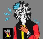 anthro blue_hair clothing gloves grey_background hair handwear jacket male simple_background solo striped_body stripes topwear charminggold2504 just_dance just_dance_2017 silento_(music) ubisoft watch_me_(whip/nae_nae) equid equine mammal zebra 2025 hi_res