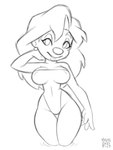 anthro breasts clothing curvy_figure ear_piercing female hair hourglass_figure long_hair looking_at_viewer markings mole_(marking) nipples one-piece_swimsuit partially_submerged piercing pose smile solo swimwear thigh_gap wide_hips xylas disney goof_troop roxanne_rover canid canine canis mammal 3:4 black_and_white monochrome pinup