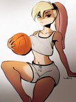 anthro ball basketball_(ball) blonde_hair blue_eyes bottomwear breast_squish breasts clothing crop_top female hair shirt shorts smile solo sportswear squish topwear conditional_dnp sadbitch looney_tunes warner_brothers lola_bunny lagomorph leporid mammal rabbit 3:4 hi_res