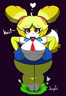 anthro blue_clothing bottomwear breasts clothed clothing female grass hair looking_at_viewer plant pupils red_pupils skirt smile solo tail talking_to_viewer yellow_body jhenightfox canid canine canis domestic_dog mammal shih_tzu toy_dog hi_res