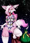 anthro blonde_eyebrows breasts colored_nails eyebrows female fur genitals gift hair holidays nails pink_body pink_fur pink_nails pussy red_eyes red_hair snow snowflake snowing solo star tail teeth tongue white_body white_fur white_hair zer0_dps christmas vtuber foxy_(foxyfursure) canid canine fox mammal absurd_res hi_res