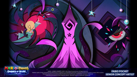 4_fingers black_body blonde_hair cloak clothed clothed_female clothed_human clothing copyright_symbol dress duo ear_piercing eyelashes female female_human fingers furrowed_eyebrows hair hood_up hooded_cloak light long_hair looking_at_viewer not_furry ornament piercing princess pupils purple_cloak purple_clothing purple_ribbon reaching_for_object red_eyes red_pupils royalty star_ear_piercing symbol tan_body tan_skin teal_clothing teal_dress text title wand year fabio_pochet mario_bros mario_plus_rabbids_sparks_of_hope nintendo raving_rabbids rayman_(series) super_mario_galaxy ubisoft cursa_(mario_plus_rabbids) rosalina_(mario) celestial_being human mammal 16:9 2022 4k absurd_res artist_name colored crossover digital_drawing_(artwork) digital_media_(artwork) english_description english_text hi_res lighting lineless multiple_scenes official_art shaded widescreen
