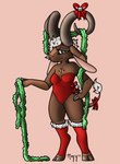 anthro bell bow_(feature) clothed clothing female frown hair horn legwear looking_at_viewer one_piece_suit ramantha ribbons simple_background solo standing stockings tinsel ahotandsweatydog bovid caprine goat mammal 2021 absurd_res hi_res