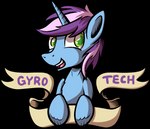 badge blue_body feral green_eyes hair hooves horn male mane pink_hair quadruped smile solo text unicorn_horn southparktaoist hasbro my_little_pony mythology fan_character gyro_tech equid equine mammal mythological_creature mythological_equine unicorn alpha_channel english_text hi_res