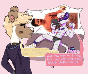 anthro blonde_hair blue_nose body_pillow briefs briefs_only brown_body brown_fur clothed clothing color_coded color_coded_speech_bubble dakimakura dakimakura_pillow dialogue dot_eyes duo eyebrows facial_piercing floppy_ears folded_ears fur gaming grey_briefs grey_clothing grey_underwear hair holding_nintendo_ds holding_stylus hoodie male nose_piercing nose_ring open_mouth piercing pillow pink_background pink_hair pink_speech_bubble pink_text playing_video_game ring_piercing septum_piercing septum_ring simple_background simple_eyes snout speech_bubble tail text topless topwear underwear underwear_only white_body white_fur white_nose white_text yellow_speech_bubble yellow_text capegloam icarly nickelodeon nintendo nintendo_ds nintendo_ds_family gibby_gibson marty_(capegloam) piers_(capegloam) canid canine canis domestic_cat domestic_dog felid feline felis hybrid mammal reptile scalie snake 2021 character_name clip_studio_paint_(artwork) colored_sketch digital_drawing_(artwork) digital_media_(artwork) handwritten_text hi_res shaded sketch nonbinary_(lore)
