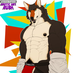 anthro armpit_hair barazoku black_body black_fur black_nipples body_hair clothing collared_shirt colorful_background dress_shirt facial_hair fur goatee green_eyes jockstrap looking_down low-angle_view male multicolored_body multicolored_fur muscular muscular_anthro muscular_male nipples pattern_background pubes shirt shirt_down simple_background slang solo tan_body tan_fur text topwear underwear undressing_self depictionexpress canid canine canis mammal mexican_wolf wolf 1:1 absurd_res colorful_theme english_text hi_res spanish_text