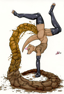 acrobatics anthro armwear balls blue_eyes bodily_fluids brown_body brown_fur butt claws clothing elbow_gloves excessive_feces feces feces_on_ground feces_pile finger_claws fishnet_clothing fishnet_topwear fur genitals gloves hair hand_on_ground handstand handwear humanoid_genitalia humanoid_penis hyper hyper_feces hyper_feces_pile latex latex_armwear latex_clothing latex_elbow_gloves latex_gloves latex_handwear latex_legwear legwear lipstick looking_at_viewer makeup male male_pooping narrowed_eyes penis pink_hair pooping pooping_on_floor red_lipstick scatplay simple_background smile solo sweat tail toe_claws topwear whiskers white_background sewercroc mammal mustelid otter 2019 dated hi_res signature traditional_media_(artwork)