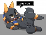 4_toes anthro balls beckoning biped black_balls black_body black_fur black_penis blush butt cute_fangs dialogue fangs feet fur genitals gesture headdress lying male mostly_nude naughty_face navel nude on_back orange_eyes penis presenting raised_leg shota simple_background smile solo spread_legs spreading teeth text toes white_background young young_anthro young_male gombay anubis_and_the_buried_bone egyptian_mythology middle_eastern_mythology mythology anubis anubian_jackal canid canine canis deity jackal mammal english_text