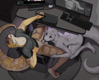 3_toes 5_fingers anthro anthro_on_anthro anthro_penetrated anthro_penetrating anthro_penetrating_anthro arm_markings artist balls barefoot biped bottomless bottomless_anthro bottomless_male breasts breath butt chair claws clenched_teeth clothed clothed/nude clothed_anthro clothed_male clothed_sex clothing computer computer_keyboard computer_monitor countershade_balls countershade_face countershade_feet countershade_genitalia countershade_hands countershade_legs countershade_neck countershade_tail countershade_torso countershading creating_art duo electronics erection eyebrows eyelashes eyes_closed feet fellatio female female_penetrated finger_claws fingers forked_tongue furniture genitals hand_on_another's_leg hand_on_another's_thigh hand_on_leg hand_on_thigh high-angle_view holding_object humanoid_genitalia humanoid_hands humanoid_penis indoor_nudity indoor_sex inside iris keyboard kneeling kneeling_oral_position leaning leaning_backward long_tail looking_at_another looking_at_partner looking_pleasured male male/female male_anthro male_penetrating male_penetrating_female markings medium_breasts non-mammal_balls non-mammal_breasts nude nude_anthro nude_female on_chair oral oral_penetration penetration penile penile_penetration penis penis_in_mouth plantigrade pupils raised_heel rug sex shirt shirt_only sitting sitting_on_chair snout spread_legs spreading t-shirt t-shirt_only tail tail_markings tapering_tail teeth text toe_claws toes tongue tongue_out tongue_out_fellatio topwear topwear_only spuydjeks nilka_(da.nilkaz) qewley_(da.nilkaz) reptile scalie snake 2026 artist_name digital_drawing_(artwork) digital_media_(artwork) hi_res shaded