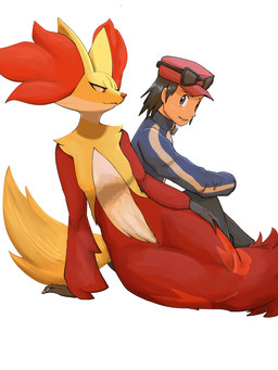anthro blue_clothing blue_jacket blue_topwear breasts clothed clothing duo eyewear eyewear_on_head female female_anthro fur half-closed_eyes hat headgear headwear jacket male male_human medium_breasts narrowed_eyes red_body red_clothing red_eyes red_fur red_hat red_headwear red_nose simple_background sitting sunglasses sunglasses_on_head tail topwear wearing_sunglasses white_background white_body white_fur yellow_body yellow_fur yellow_tail kuri nintendo pokemon calem_(pokemon) delphox generation_6_pokemon human mammal pokemon_(species) absurd_res hi_res