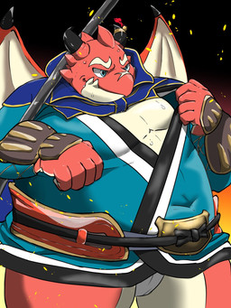 anthro asian_clothing belly clothed clothing east_asian_clothing fundoshi japanese_clothing male melee_weapon membrane_(anatomy) membranous_wings overweight overweight_male pantsless pecs polearm red_body red_scales scales scar solo spear underwear weapon wings idwaw0074 wawn1109 mythology tamacolle oumi_(tamacolle) dragon mythological_creature mythological_scalie scalie 3:4 hi_res