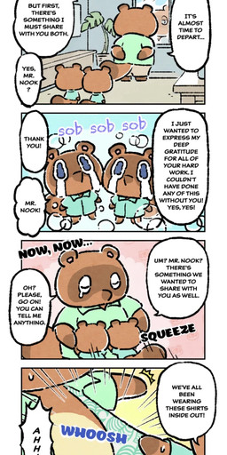 anthro blue_eyes bodily_fluids bottomwear brown_body brown_fur calendar chibi clothing crying dialogue eyes_closed fur group huddling humor identical_twins looking_at_another male plant shirt speech_bubble talking_to_another tears tears_of_joy text title topwear trio window cho_hanayo animal_crossing nintendo timmy_nook tom_nook_(animal_crossing) tommy_nook canid canine mammal raccoon_dog tanuki absurd_res comic english_text hi_res brother_(lore) brothers_(lore) nephew_(lore) sibling_(lore) twins_(lore) uncle_(lore) uncle_and_nephew_(lore)