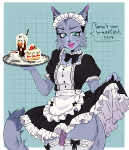 anthro bodily_fluids clothed clothing cum cum_on_food cum_on_penis dress food genital_fluids genitals gynomorph heart_symbol intersex laces legwear lips looking_at_viewer maid_uniform penis pink_lips raised_clothing raised_dress solo stockings text tray uniform anonymous_artist stella_simons domestic_cat felid feline felis mammal russian_blue absurd_res english_text hi_res trans_(lore) trans_woman_(lore)