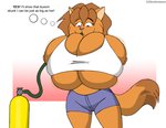 anthro big_breasts breasts dialogue female helium_tank huge_breasts hyper hyper_breasts inflation solo text chrisandcompany neve_vecat domestic_cat felid feline felis mammal english_text