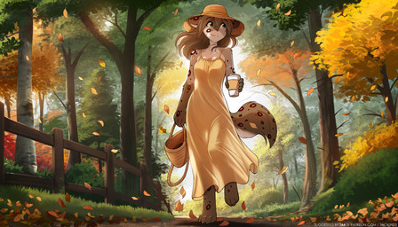 4_toes 5_fingers anthro biped breasts brown_body brown_fur brown_hair brown_spots brown_tail claws clothed clothed_anthro clothed_female clothing dress feet female finger_claws fingers fur hair hat headgear headwear holding_object markings outside plant smile solo spots spotted_body spotted_fur spotted_markings spotted_tail tail tail_markings toe_claws toes tree conditional_dnp tom_fischbach twokinds kathrin_vaughan keidran 2025 7:4 digital_drawing_(artwork) digital_media_(artwork) hi_res