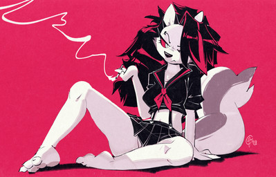anthro ascot barefoot bottomwear cigarette cigarette_smoke claws clothing feet female fur hair half-closed_eyes holding_cigarette holding_object looking_at_viewer mouth_closed narrowed_eyes navel one_eye_obstructed red_eyes school_uniform shirt sitting skirt smoke solo tail topwear uniform edtropolis hellaverse helluva_boss kill_la_kill mythology studio_trigger loona_(helluva_boss) ryuko_matoi canid canid_demon canine demon hellhound mammal mythological_canine mythological_creature 2026 hi_res signature
