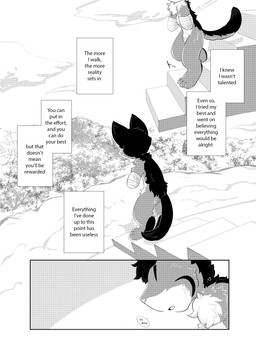 anthro bandage chest_tuft kemono male missing_arm solo text tuft chisara circus_of_anya luca_(chisara) domestic_cat felid feline felis mammal somali_cat 2019 comic english_text hi_res monochrome