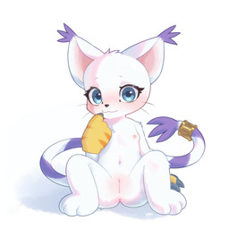 anthro anus black_nose blue_eyes blush blush_lines breasts eyelashes female fur genitals nude presenting presenting_vulva simple_background small_breasts solo tail vulva white_body white_fur young young_female ttaki bandai_namco digimon digimon_(species) gatomon 1:1 hi_res