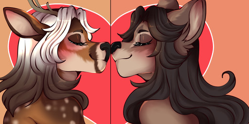 anthro antlers big_breasts biped breasts brown_body brown_fur brown_hair deer_antlers duo female female/female female_anthro fur hair horn long_hair markings mismatched_sexual_dimorphism multicolored_hair spots spotted_body spotted_fur tan_body tan_fur white_hair layla_(laylabunn) thea_(theabunn) cervine deer mammal hi_res intersex_(lore) trans_(lore) trans_woman_(lore)