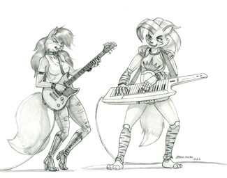 anthro boots bottomwear breasts clothing collar denim denim_bottomwear denim_clothing dipstick_ears dipstick_tail duo ear_markings ear_piercing electric_guitar eyebrows female footwear guitar hair high_heeled_boots high_heels jeans keyboard_instrument keytar long_hair machine markings multicolored_ears musical_instrument open_mouth pants piercing plucked_string_instrument shirt shoes string_instrument tail tail_markings tank_top topwear torn_bottomwear torn_clothing torn_jeans torn_pants baron_engel five_nights_at_freddy's five_nights_at_freddy's:_security_breach scottgames steel_wool_studios roxanne_wolf vipera_vixen_(baron_engel) animatronic canid canine canis fox mammal robot wolf 2022 graphite_(artwork) traditional_media_(artwork)