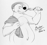 2013 4_fingers anthro baloo bear belly cookware fingers frying_pan humanoid_hands kitchen_utensils male mammal monochrome overweight overweight_male punkfroid signature simple_background sloth_bear solo the_jungle_book tools towel ursine