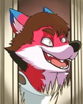 blue_ears brown_hair crazy_eyes hair male open_mouth smile solo yellow_eyes shinyfoxguy here's_johnny_(meme) stephen_king_(copyright) the_shining holly_(ortiz) canid canine fox mammal red_fox true_fox hi_res