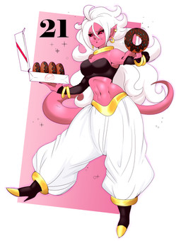 anklet arm_warmers armwear big_breasts black_nails black_sclera bracelet breasts clothing colored_nails ear_piercing female food footwear gold_(metal) gold_jewelry hair harem_pants high_heels holding_food holding_object humanoid_pointy_ears jewelry long_hair looking_at_viewer nails navel neck_ring not_furry piercing pink_background pink_body pink_skin pink_tail pointy_ears red_eyes shoes simple_background smile solo standing tail text white_background white_hair dwps dragon_ball dragon_ball_fighterz android_21 majin_android_21 alien alien_humanoid humanoid majin 2018 absurd_res digital_media_(artwork) hi_res