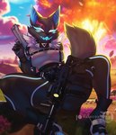 anthro black_body black_clothing black_fur clothing female fur gun ranged_weapon seductive sitting solo spread_legs spreading tight_clothing weapon purrynx epic_games fortnite pack_leader_highwire canid canine canis mammal wolf