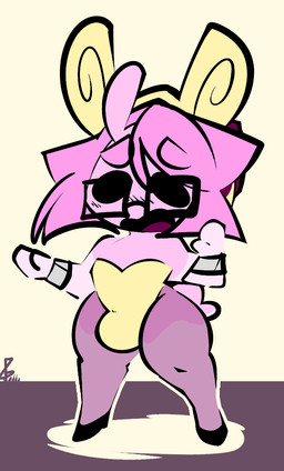 anthro black_eyes bulge bunny_costume clothed clothing costume crossdressing dot_eyes embarrassed eyewear fake_ears fake_rabbit_ears glasses hair leggings legwear male nylons open_mouth pink_body pink_hair pink_skin rectangular_glasses shell_hat simple_eyes solo thefablednekos spiral_stream_derby jerry_capshell hi_res