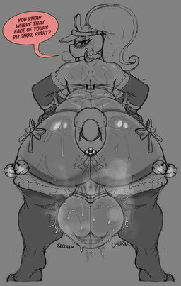 antennae_(anatomy) anthro back_boob balls big_balls big_butt biped black_text bodily_fluids breasts breath butt christmas_clothing clothing dialogue ear_piercing ear_ring eyebrows eyelashes eyeshadow genitals gynomorph hat headgear headwear heart_pupils heart_symbol holidays huge_butt intersex legwear looking_at_viewer looking_back makeup musk open_mouth piercing question question_mark ring_piercing scrotum_flap solo speech_bubble standing sweat sweaty_balls sweaty_genitalia tail talking_to_viewer text thigh_highs cofficremer christmas nintendo pokemon sabi_(cofficremer) generation_6_pokemon goodra pokemon_(species) 2024 absurd_res english_text hi_res