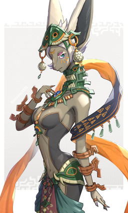 anthro armlet blue_eyes breasts clothed clothed_anthro clothed_female clothing digit_ring eyelashes eyeshadow female grey_body hair half-closed_eyes headgear headwear jewelry looking_at_viewer makeup multi_eye narrowed_eyes navel purple_eyeshadow secret_stone solo standing three-quarter_view white_hair gonzarez1938 nintendo tears_of_the_kingdom the_legend_of_zelda mineru mammal zonai 2023 3:5 absurd_res hi_res portrait three-quarter_portrait