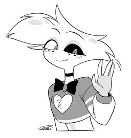 bow_tie choker clothed clothing femboy gesture jewelry male necklace simple_background solo waving waving_at_viewer white_background enaic31 hazbin_hotel hellaverse angel_dust arachnid arthropod demon humanoid spider hi_res monochrome