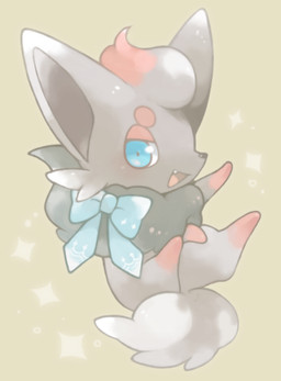 ambiguous_gender black_body black_fur black_inner_ear blue_eyes blue_ribbon blush digitigrade facial_tuft featureless_feet feet feral fluffy fluffy_tail fur gloves_(marking) grey_background grey_body grey_fur head_markings head_tuft leg_markings markings neck_tuft one_fang open_mouth open_smile raised_arm red_body red_eyelids red_fur red_markings ribbons simple_background smile socks_(marking) solo sparkles tail tuft michi_runi nintendo pokemon canid canine generation_5_pokemon mammal pokemon_(species) zorua digital_media_(artwork) low_res unavailable_at_source