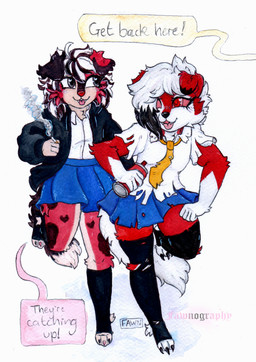 adolescent anthro bottomwear cigarette cigarette_smoke claws clothing duo female female/female flat_chested fur looking_at_another red_body red_eyes red_fur running running_away school_uniform smile smoke speech_bubble spray_can text toe_claws torn_clothing uniform white_body white_dress_shirt white_fur young fawnography nintendo pokemon lyra_woof canid canine generation_7_pokemon lycanroc mammal midnight_lycanroc pokemon_(species) absurd_res hi_res painting_(artwork) traditional_media_(artwork) traditional_painting_(artwork)