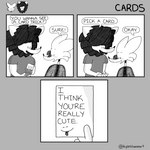 3_panel_comic anthro card card_trick dialogue duo male male/male smile speech_bubble text kyleslameart canid canine canis felid lion mammal pantherine wolf 1:1 absurd_res comic english_text hi_res monochrome