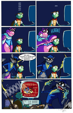 anthro bdsm caught_in_the_act computer electronics eyewear glasses group heart_attack internet male mask melee_weapon polearm pornography shocked solo_focus unconscious weapon unknown_artist sly_cooper_(series) sony_corporation sony_interactive_entertainment sucker_punch_productions bentley_turtle murray_hippopotamus sly_cooper common_hippopotamus hippopotamid mammal procyonid raccoon reptile scalie turtle digital_media_(artwork)