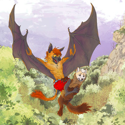 ambiguous_gender anthro duo feet feral flying foot_grab membrane_(anatomy) membranous_wings mountain scared wings boper9 camura_(character) solare_(character) bat gulonine mammal marten megabat mustelid musteline pine_marten absurd_res hi_res