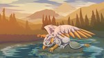 beak claws feathers feral fishing forest forest_background fur male nature nature_background paws plant solo tail tree white_body white_fur wings yellow_body yellow_feathers blen4k mythology avian gryphon mythological_avian mythological_creature 16:9 2022 4k absurd_res hi_res widescreen