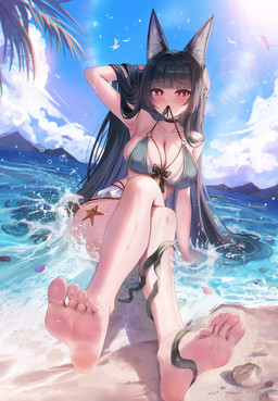 5_toes bangs beach big_breasts bikini black_choker black_hair black_jewelry black_necklace blunt_bangs blush bodily_fluids breasts choker cleavage clothed clothing cloud crossed_legs day feet female foot_focus foreshortening hair humanoid_feet inner_ear_fluff jewelry light_body light_skin long_hair looking_at_viewer mouth_hold necklace o-ring_bikini outside palm_tree partially_submerged plant plantigrade red_eyes sand sea seaweed sitting sitting_on_ground skindentation soles solo sweat sweaty_legs swimwear toes tree tuft two-piece_swimsuit water white_clouds starlip mihoyo zenless_zone_zero hoshimi_miyabi ambient_sealife ambient_starfish animal_humanoid canid canid_humanoid canine canine_humanoid fox_humanoid humanoid mammal mammal_humanoid thiren absurd_res digital_drawing_(artwork) digital_media_(artwork) hi_res