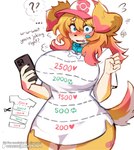 big_breasts blush breasts clothing electronics female huge_breasts nervous phone shirt shy topwear breedypupper conditional_dnp canid canine canis domestic_dog mammal hi_res