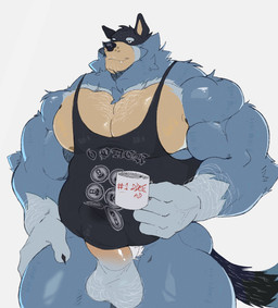 anthro areola arm_hair balls barazoku biceps big_balls big_muscles big_penis body_hair bottomless bottomless_anthro bottomless_male chest_hair claws clothed clothing coffee_mug container cup deltoids erection erection_under_clothing eyebrows facial_hair fur genitals holding_container holding_cup holding_mug holding_object huge_muscles humanoid_genitalia humanoid_penis kemono male mature_anthro mature_male mug muscular muscular_anthro muscular_male nipples pecs penis penis_base pubes shirt simple_background smile solo standing stubble tank_top tenting thick_arms thick_penis thick_thighs topwear trapezius tuft uneven_balls white_background wallstarrr bluey_(series) bandit_heeler australian_cattle_dog canid canine canis cattledog domestic_dog herding_dog mammal pastoral_dog 2025 hi_res