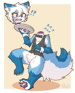 anthro blue_body blue_fur chest_tuft detachable detachable_head featureless_crotch fur hair headless kemono male solo tuft waiter waiter_suit white_body white_fur white_hair acky05 hi_res japanese_description